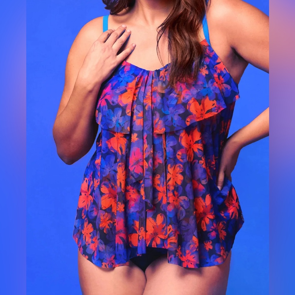 NWT Mazu Plus Size Draped Tier Mesh Tankini Top in Iridescent Blooms 24W
